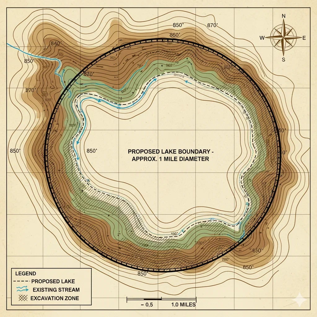 Topographical survey map showing lake placement